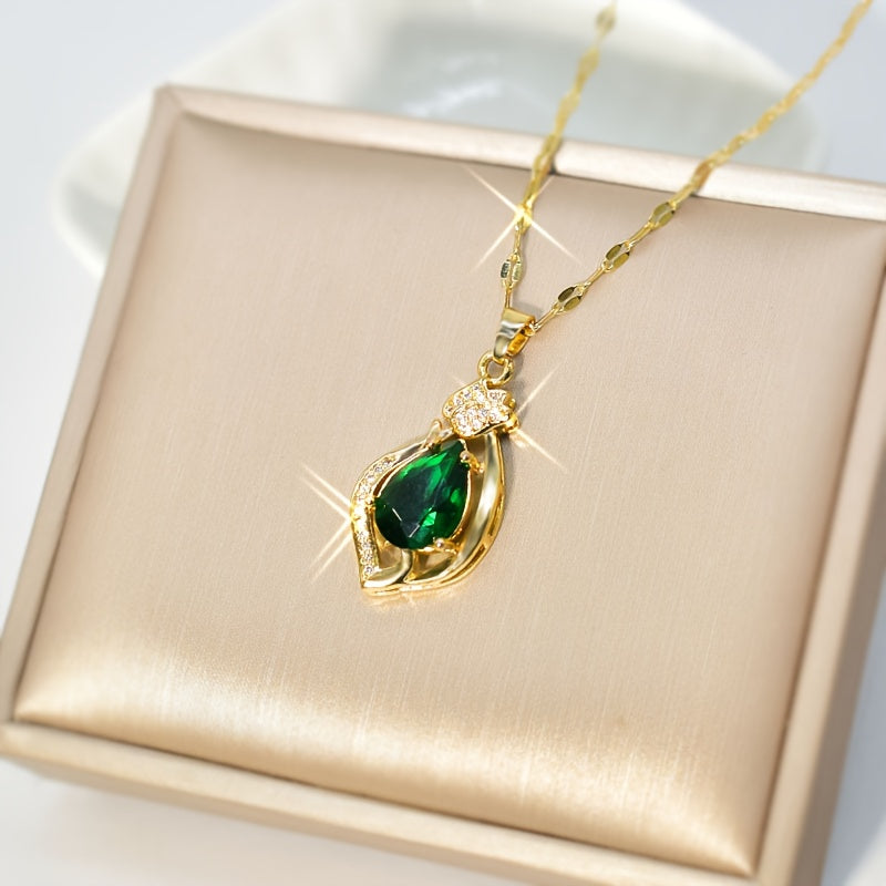 Stainless Steel Necklace with Green Water Drop Pendant - Elegant Geometric Design, Perfect for Daily Wear or Gifting, Ideal for Boys and Girls, Everyday Jewelry|Modern Minimalist|Durable Jewelry, For Teenager