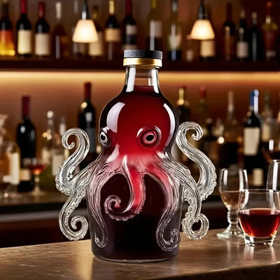 Octopus-Shaped Wine & Whiskey Decanter with Reusable Glass Cup - 300ml Elegant Squid Design with Tentacle Stopper, Clear Glass Mini Portable Bottle for Home, Parties, Halloween & Christmas Gifts - Durable Glass Construction,