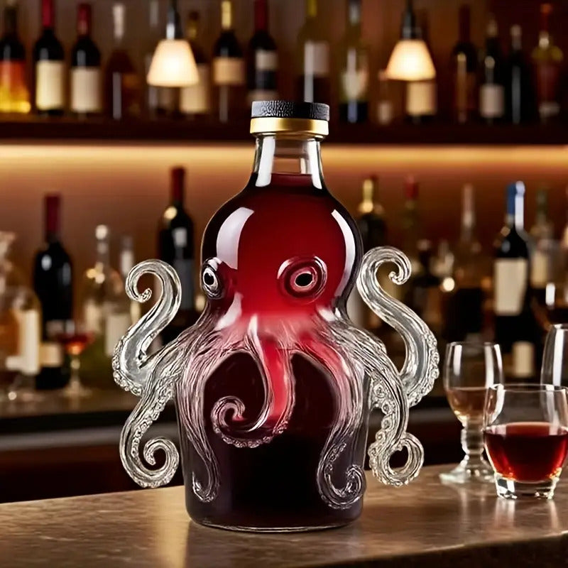 Octopus-Shaped Wine & Whiskey Decanter with Reusable Glass Cup - 300ml Elegant Squid Design with Tentacle Stopper, Clear Glass Mini Portable Bottle for Home, Parties, Halloween & Christmas Gifts - Durable Glass Construction,