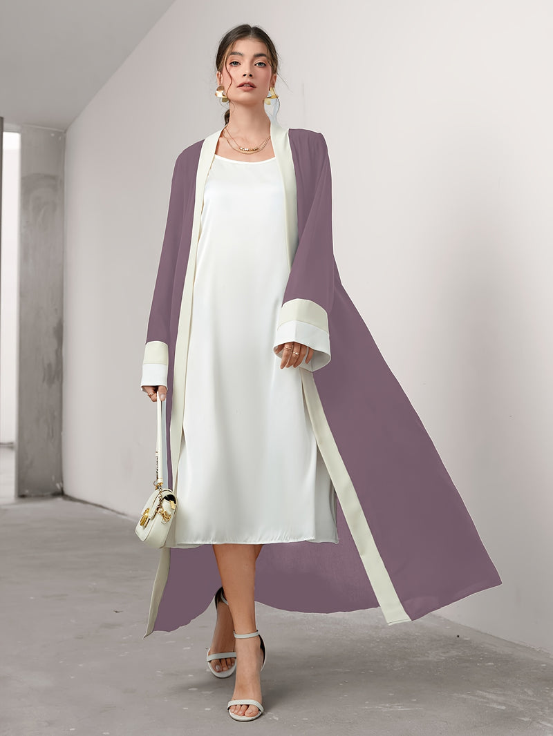 Cozy Comfort, Elegant Black and Cream Long Robe with Ruffle Sleeves - Polyester, Machine Washable, Casual Style for Women - Perfect for Spring/Summer/Fall