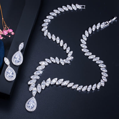 3pcs Elegant Teardrop Blue Jewelry Set Silvery Inlaid Synthetic Synthetic Zirconia Pendant Necklace Dangle Earrings Sets for Lady Girls Banquet Prom Wear