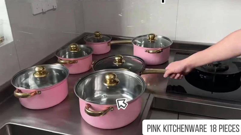 18pcs Pink Stainless Steel Cookware Set with Non-Stick Pans & Lids - Induction Compatible, Stackable Space-Saving Design, Golden-Toned Black Lids & Black Utensil-Friendly Sides, Heat-Resistant Durable 410 Stainless Steel Cons
