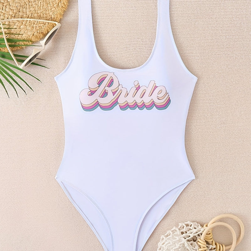 New One-Piece Swimsuit for Western Featuring Digital Print Cartoon Letters, Perfect for Beach Sports.