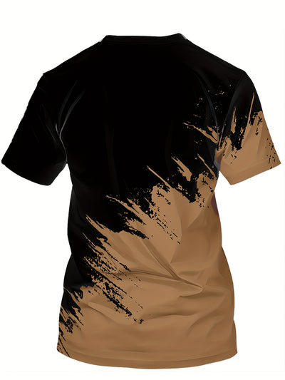Men's Casual 3D Digital Print Short Sleeve T-Shirt - Black with Red & Gray Brush Stroke Design, Breathable Summer Tee, Regular Fit, Machine Washable, Casual Attire, Modern Textile Technology
