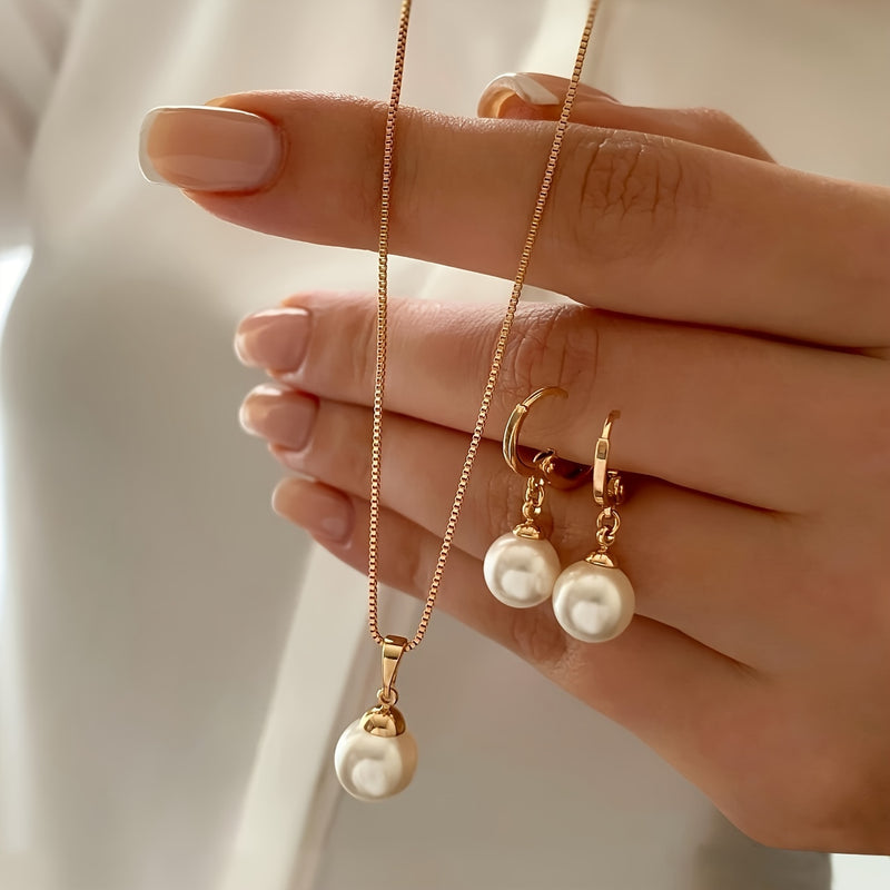 2pcs Imitation Pearl Pendant Earrings + 1pc Imitation Pearl Pendant Necklace, Simple And Holiday Style, Suitable for Girlfriends And Friends to Wear on Dates And Holidays