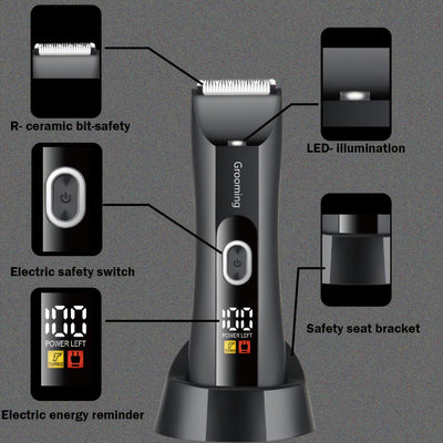 Men's & Women's Body Hair Trimmer, Men’s Groin Shaver with IPX5 Waterproof Rating and R-Sharp Ceramic Blade Head, 2 Size Combs Included. USB Rechargeable Electric Grooming Kit for Chest, Legs, Underarms Bikini Area – LED
