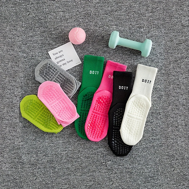 3/7 Pairs Anti-slip Letter Graphic Socks, Sports & Breathable Fitness Yoga Pilates Mid Tube Socks, Women&