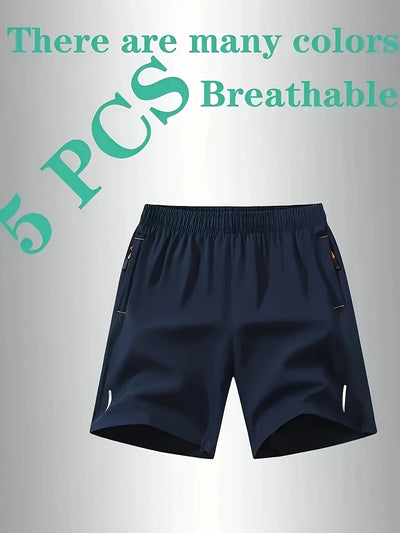 5pcs Men'S Outdoor Sports Quick-Dry Shorts, Breathable Comfort Polyester Blend with Zipper Pockets and Drawstring, Featuring Silvery Reflective Strips, Elastic Waistband, Suitable for Climbing, Tennis, Running, and Outdoor Ac