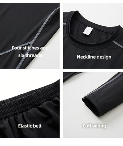 5pcs Men's Athletic Set - Polyester & Spandex Blend, High Stretch Knit Fabric, Hooded Zip-Up Jacket, Printed Sports Vest, Compression Long Sleeve Top, Shorts & Leggings for Running, Basketball, Training - Four Seasons Workout