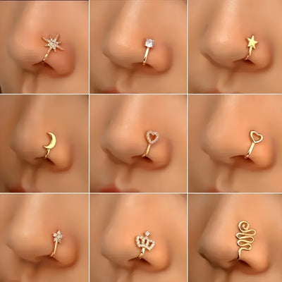 10pcs Set of Non-Piercing Nose Clips - Cute and Sexy Copper Cubic Synthetic Zirconia Design, U-shaped Heart, Crown, Butterfly and Star Patterns, Suitable for Daily Wear