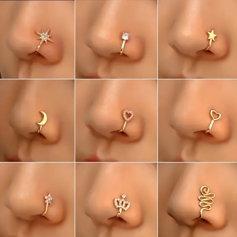 10pcs Set of Non-Piercing Nose Clips - Cute and Sexy Copper Cubic Synthetic Zirconia Design, U-shaped Heart, Crown, Butterfly and Star Patterns, Suitable for Daily Wear