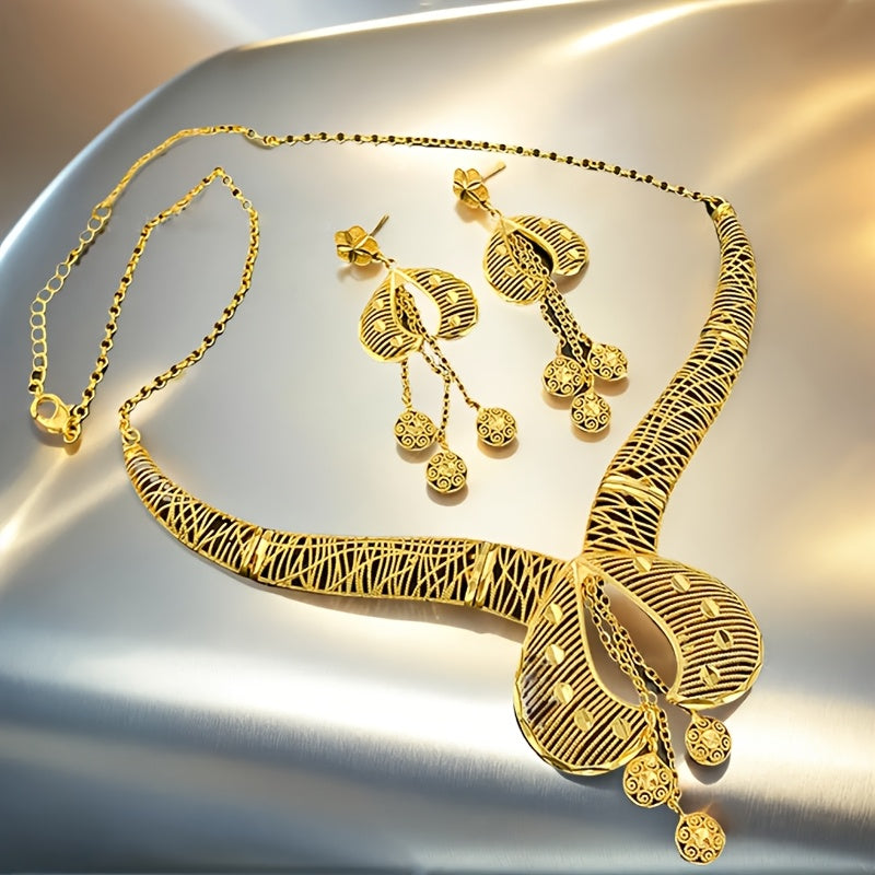 2025 New Bohemian 2pcs Hollow Flower Tassel Earrings and Necklace Elegant Ladies Jewelry Set, Perfect for Dubai Bridal Wedding Anniversary Gift, Valentine&