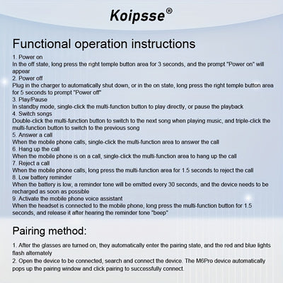 KOIPSSE Smart Glasses with Built-in Microphone, High-Resolution Audio, Waterproof IPX4, USB/Battery Powered, Rechargeable Lithium Polymer Battery, 120mAh, Wireless Connection, Outdoor Sports Glasses with HIFI Music Playback,