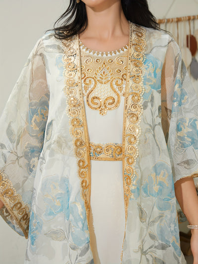 Oriental Traditional Style Sequined Lace Two-Piece Mesh Abaya Dress for Women - Long Robe with Veil