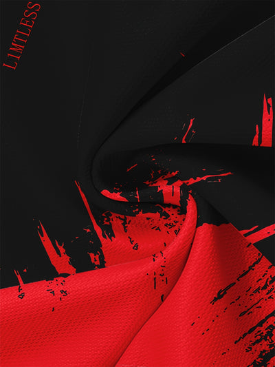 Men's Casual 3D Digital Print Short Sleeve T-Shirt - Black with Red & Gray Brush Stroke Design, Breathable Summer Tee, Regular Fit, Machine Washable, Casual Attire, Modern Textile Technology