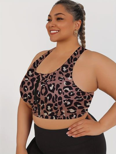 Women's High-Impact Sports Bra with Front Zipper & Removable Pads - Leopard Print Design, High-Elasticity Fabric, Round Neck for Yoga, Running, Gym - Machine Washable, Yoga Accessories, Elegant Sportswear, Durable Sportswear