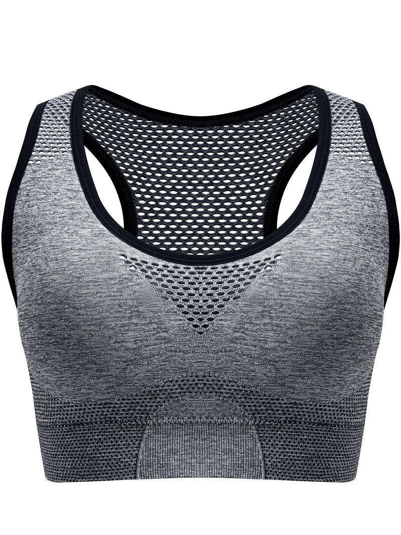 3pcs Plus Size Sports Bras, Polyamide Blend, Hollow Mesh Design, Low Support, Removable Padding, Crew Neck, Medium Stretch, Knit Fabric, with Casual Wear for Women&