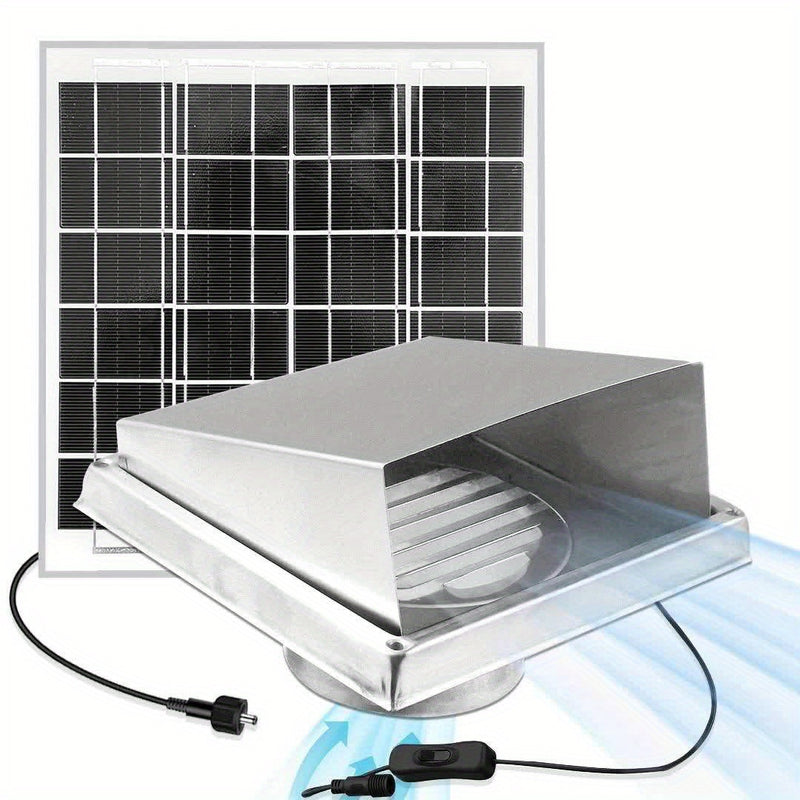 Wall-mounted ventilation fan kit, Φ150mm/Φ100mm fan + 8W solar panel included, suitable for bathroom and kitchen ventilation solutions. Durable stainless steel wall-mount exhaust fan provides excellent airflow