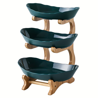 2/3-Tier Fruit Basket with Wooden Stand - Kitchen Organizer for Fruits & Vegetables,Home decor,fruit basket for kitchen counter,Large-Capacity Layered Fruit Basket,European-Style Dried Fruit Tray, Bamboo Wooden Rack Household