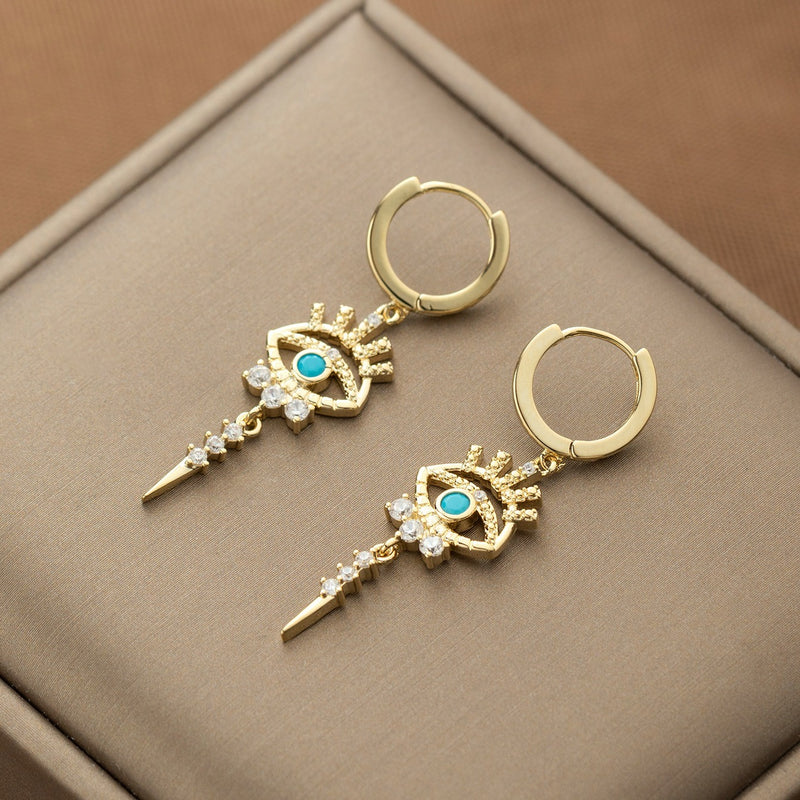 زوج واحد من أقراط الأذن الفاخرة المرصعة بالنحاس والمزينة بقلادة عين الشر الاصطناعية، هدية مواعدة