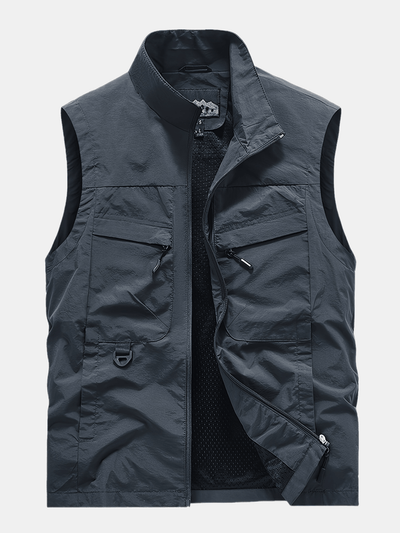 Men'S Navy Blue Sleeveless Vest with Stand Collar, Zippered Front & Side Pockets - Casual, Loose-Fit Outdoor Sports Vest for All Seasons, Polyester Fiber Lining, Perfect for Fall/Winter
