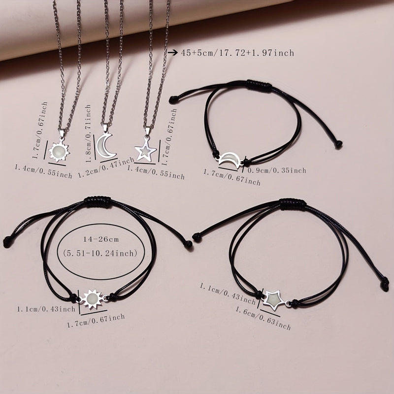 6pcs/Set Glow-in-the-Dark Sun Moon Stars Necklace Handwoven Fashion Cord Set