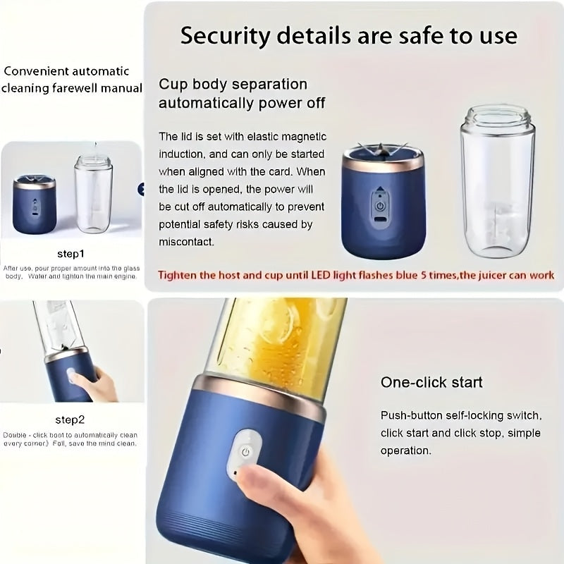 Portable Electric USB Juicer Blender, Dual Cups, Six-Blade System with Button Control, 1500mAh Rechargeble Lithium Battery for Smoothies and Citrus Drinks - Easy to Clean Food Grade Materials Essential Item at Home Kitchen Ou