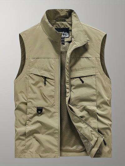 Men'S Navy Blue Sleeveless Vest with Stand Collar, Zippered Front & Side Pockets - Casual, Loose-Fit Outdoor Sports Vest for All Seasons, Polyester Fiber Lining, Perfect for Fall/Winter