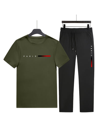 Men'S Casual Sports Two-Piece Set Short Sleeve Top Straight Leg Pants with Paris Print, Fashionable And Trendy, Ideal for Summer, Parties, Casual Outings, And Everyday Wear, Everyday Wear|Short Sleeve Top|Print Trousers