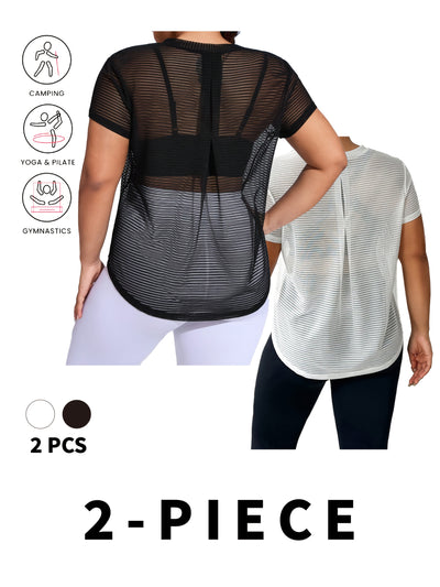 Plus Size Fashion Sports Yoga Letter Print Striped Mesh T-Shirt Two-Piece Set