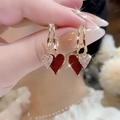 Elegant Red Heart Dangle Earrings with Sparkling Rhinestones - Cute & Chic, Perfect for Daily Wear or Gifting on Valentine's Day, Elegant Style, Cute Style, Holiday Theme
