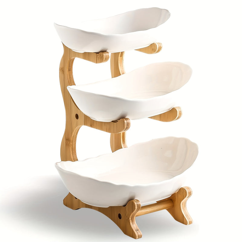 2/3-Tier Fruit Basket with Wooden Stand - Kitchen Organizer for Fruits & Vegetables,Home decor,fruit basket for kitchen counter,Large-Capacity Layered Fruit Basket,European-Style Dried Fruit Tray, Bamboo Wooden Rack Household