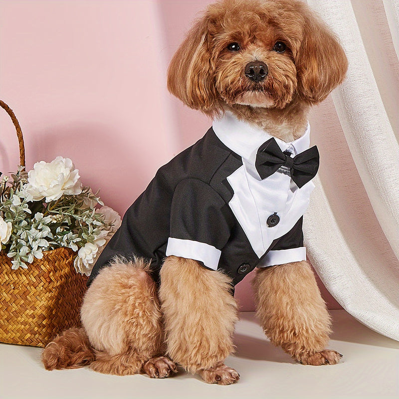 Elegant Black & White Pet Tuxedo with Bow Tie - Formal Attire for Small Dogs and Cats, Perfect for Weddings, Birthdays, and Special Events
