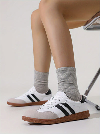 Women's Striped Pattern Flat Sneakers, Casual Lace Up Outdoor Shoes, Comfortable Low Top Shoes