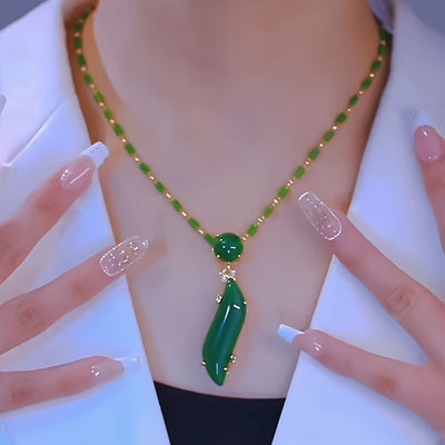 Elegant Green Charm Bamboo Pendant Necklace for Women - Golden-Tone Alloy Chain with Resin Detailing, Fashionable Collarbone Jewelry, Fashion Accessory | Elegant Jewelry | Decorative Beads