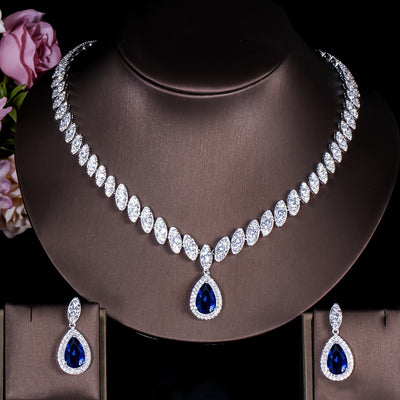 3pcs Elegant Teardrop Blue Jewelry Set Silvery Inlaid Synthetic Synthetic Zirconia Pendant Necklace Dangle Earrings Sets for Lady Girls Banquet Prom Wear