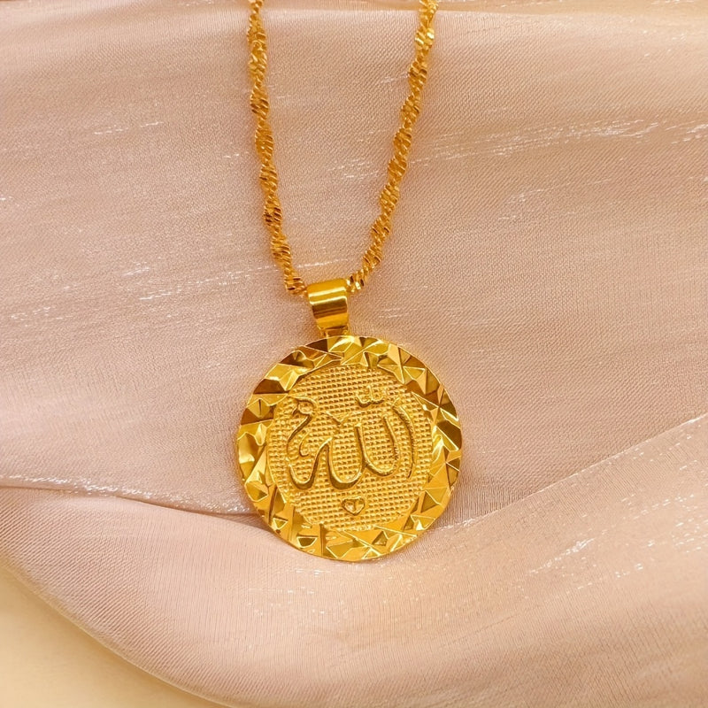 Golden retro Muslim style pendant necklace for women, fashionable jewelry.
