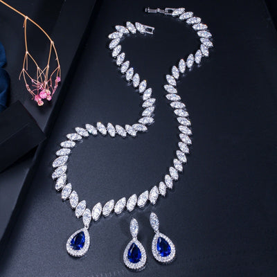 3pcs Elegant Teardrop Blue Jewelry Set Silvery Inlaid Synthetic Synthetic Zirconia Pendant Necklace Dangle Earrings Sets for Lady Girls Banquet Prom Wear
