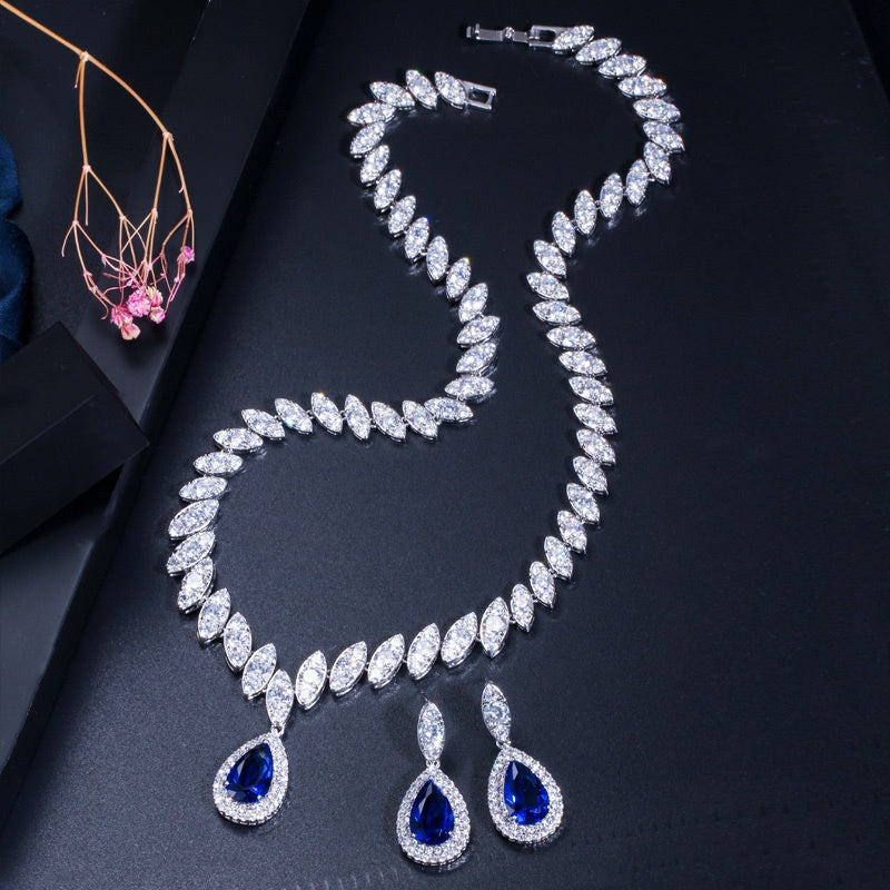 3pcs Elegant Teardrop Blue Jewelry Set Silvery Inlaid Synthetic Synthetic Zirconia Pendant Necklace Dangle Earrings Sets for Lady Girls Banquet Prom Wear