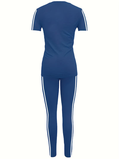 Women'S Casual Fashion Outdoor Sports Set, Double-Sided Striped Round Neck Short Sleeve Long Pants Two-Piece, Women'S Athletic Jogging