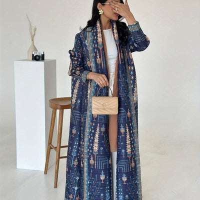 Miyake Women's Pleated Abaya Robe - Floral Print Middle Eastern Style Trench Coat, Loose Fit Extended Length Modest Muslim Dress, High-Stretch Machine-Washable for Spring Summer Fall, Elegant Party & Casual Wear, Muslim Cloth