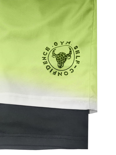 2-in-1 Double Layer Ombre Shorts - High Stretch, Drawstring Waist, Side Pocket, Breathable, Quick-Drying, Comfortable, Mens Sports Shorts for Summer Gym Workout, Training, and Fitness - GYM Pattern Print, Bull Design