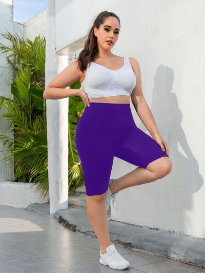 Plus Size Sports Shorts, Women's Plus Wide Waistband High Waist Seamless Running Yoga Shorts
