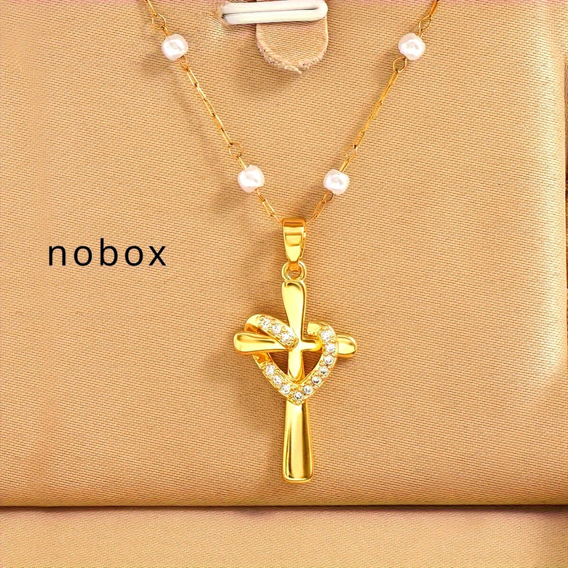 Golden Plated Stainless Steel Chain Golden Plated-Plated Cubic Synthetic Zirconia Cross Pendant Necklace - Retro Design, Stylish and Trendy Minimalist Unisex Necklace for Men and Women, Perfect for Streetwear, Daily Wear, or