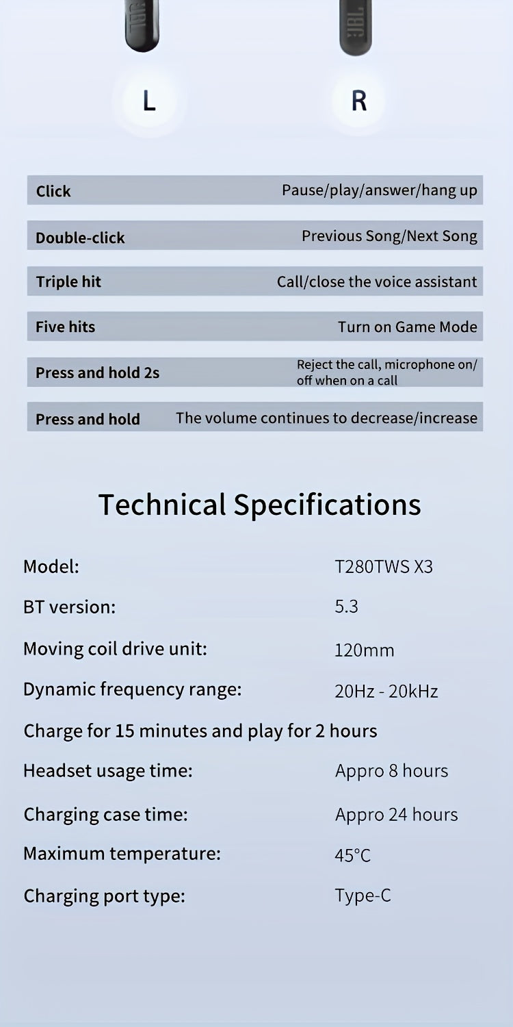 JBL T280TWS X3 Wireless Earbuds with Noise Cancelling, 32H Playtime, Semi-Open Design & Touch Control, -C Charging Case, Wireless Headphones with Dual Noise Isolation Microphones, Compatible with Smartphones, PC, Tablet, Lapt