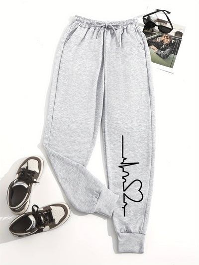 بنطلون رياضي مرن مطبوع عليه قلب للنساء، بنطلون رياضي عالي الخصر برباط، بنطلون كاجوال يومي، ملابس نسائية