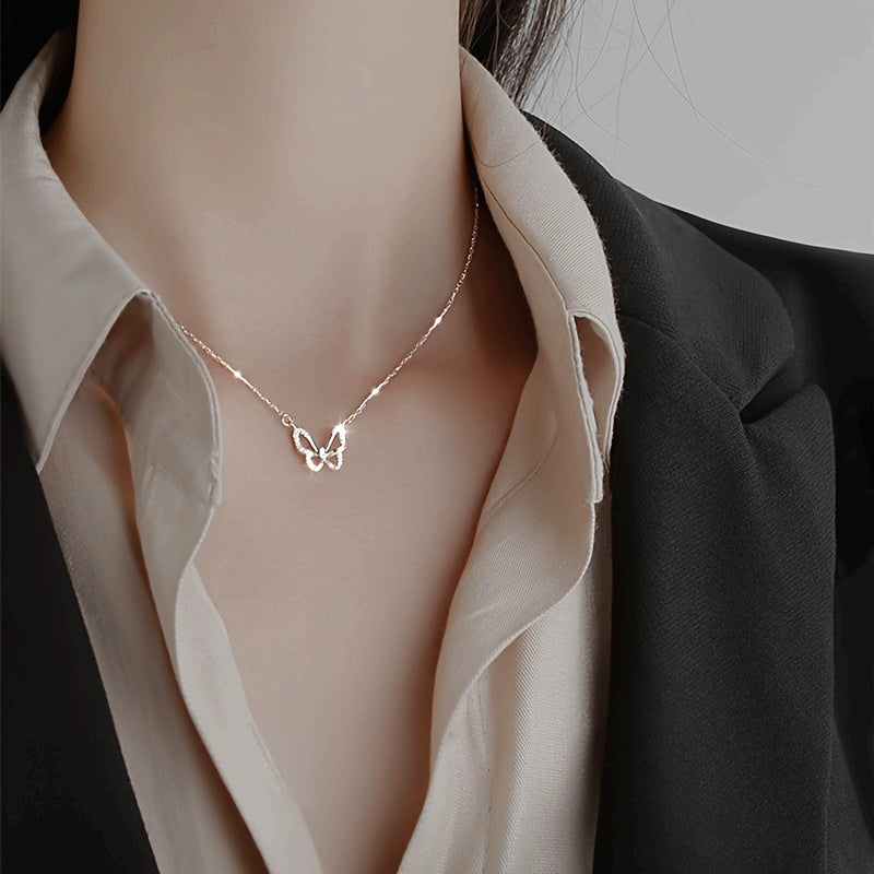 1pc Mini Hollow Out Butterfly Pendant Thin Chain Necklace Elegant Neck Jewelry