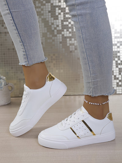 Women'S White Low-Top Sneakers with Golden Accents - Genuine Leather Upper, Breathable Fabric Lining & Durable Rubber Sole, Lace-Up Casual Shoes for All-Season Comfort, Ladies Sneakers, Baked White Sports Shoe For Women