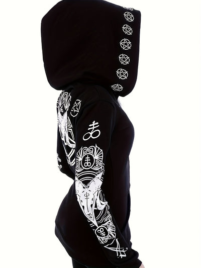 سويت شيرت نسائي بسحاب مطبوع عليه هندسي على طراز البانك