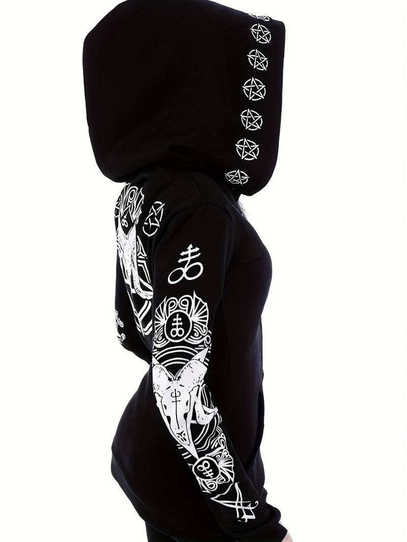 سويت شيرت نسائي بسحاب مطبوع عليه هندسي على طراز البانك